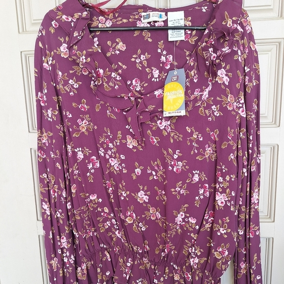 Plus Sz16/18 New Tags Faded Glory Blouse BOHO Maroon Floral Ruffle Scoop Neck - Picture 4 of 13